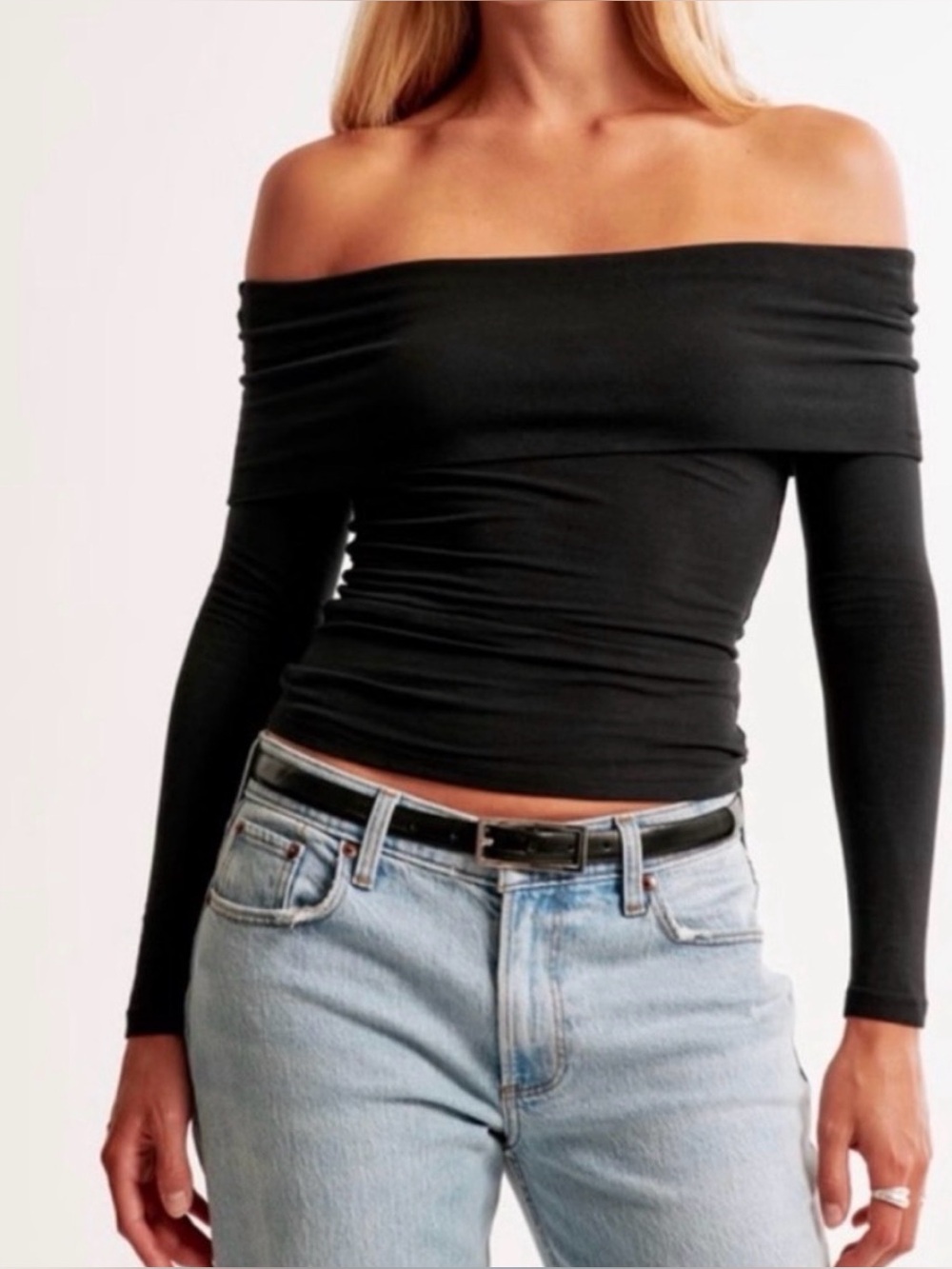 Abercrombie & Fitch Black Off-the-Shoulder Long Sleeve Top
